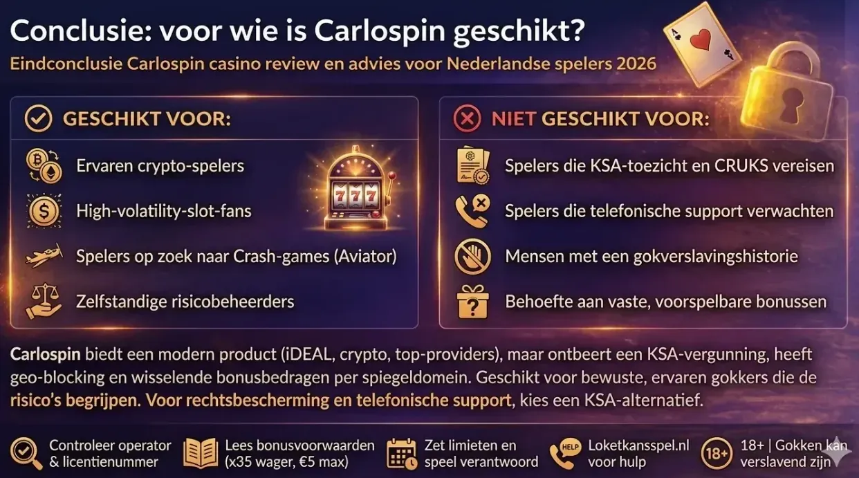 Eindconclusie Carlospin casino review en advies voor Nederlandse spelers 2026