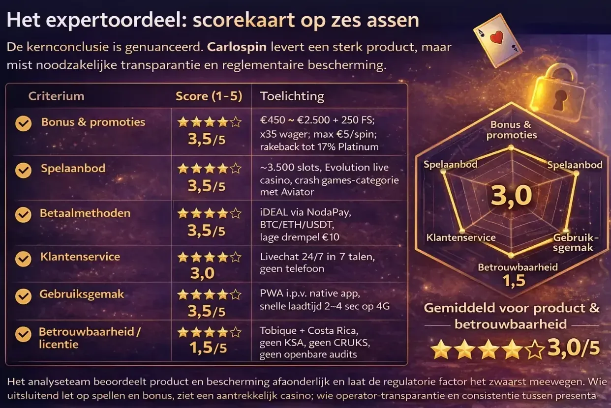 Eindoordeel Carlospin review met scorekaart op zes assen