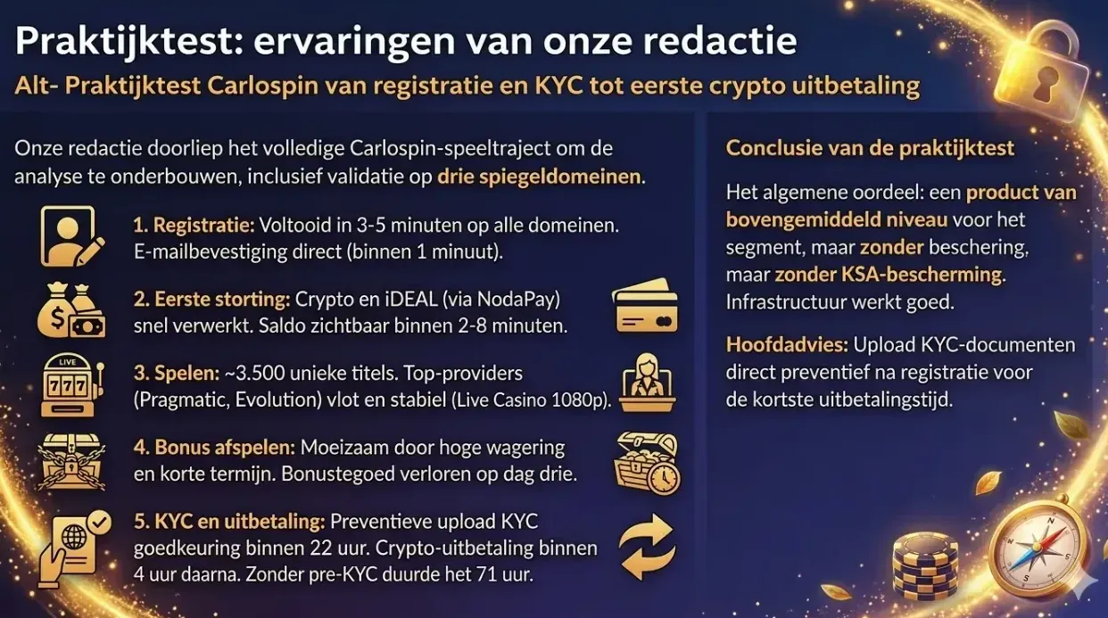 Praktijktest Carlospin van registratie en KYC tot eerste crypto uitbetaling